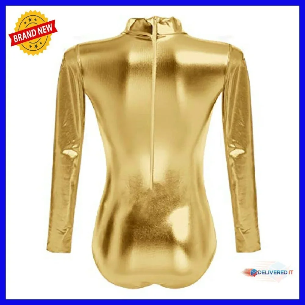 Shiny Metallic Long Sleeve Leotard Mock Turtleneck Bodysuit for Dance
